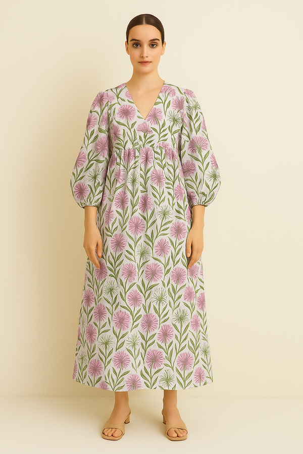 Pink Dandelion Floral Printed Long Dress