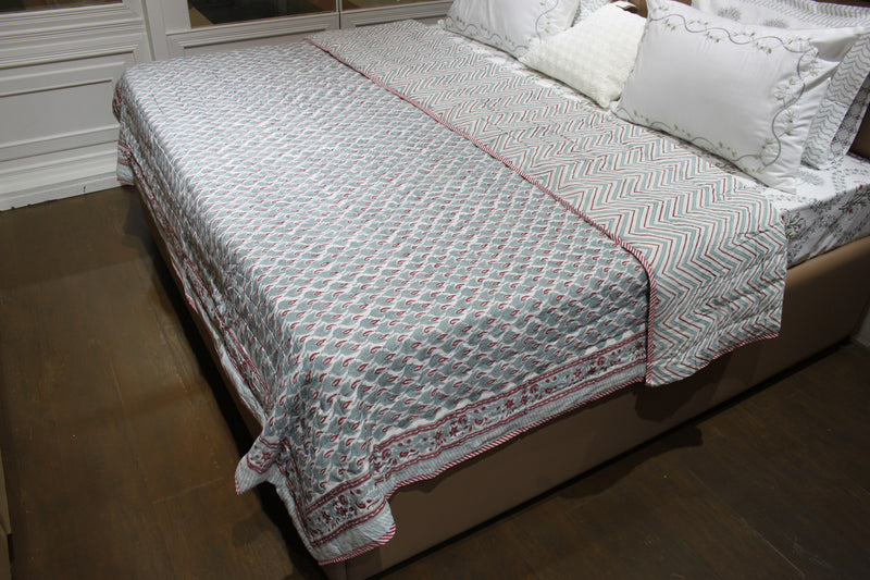 Sea Green and Red Herringbone Design King Size Quilt