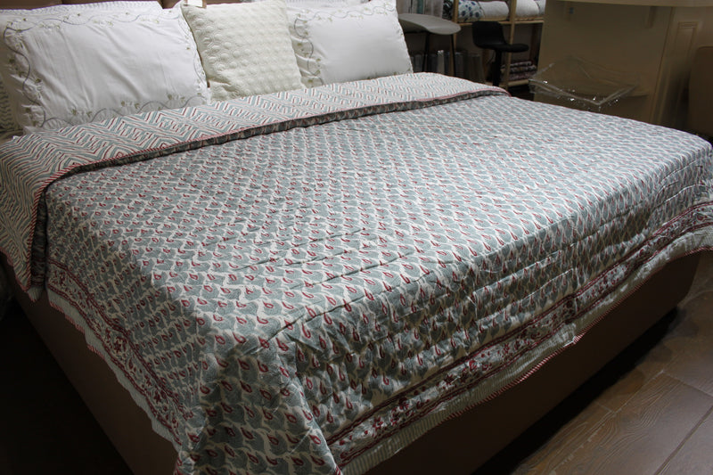 Sea Green and Red Herringbone Design King Size Quilt