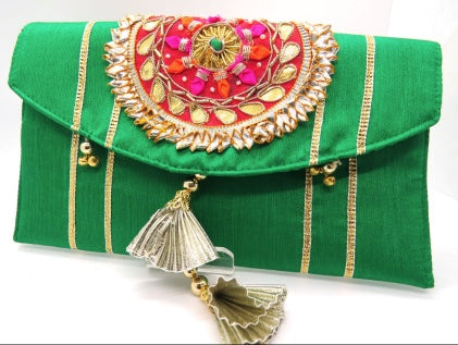 Emerald Green Raw Silk Fabric Clutch with Magnet Button & Internal Storage Compartment