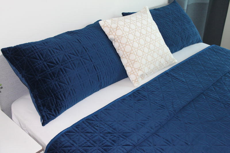 Royal Blue Velvet King Sized Geometric Design Bedcover/Bedspread with 2 Pillow Covers