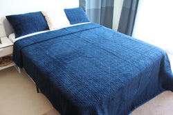 Royal Blue Velvet King Sized Geometric Design Bedcover/Bedspread with 2 Pillow Covers