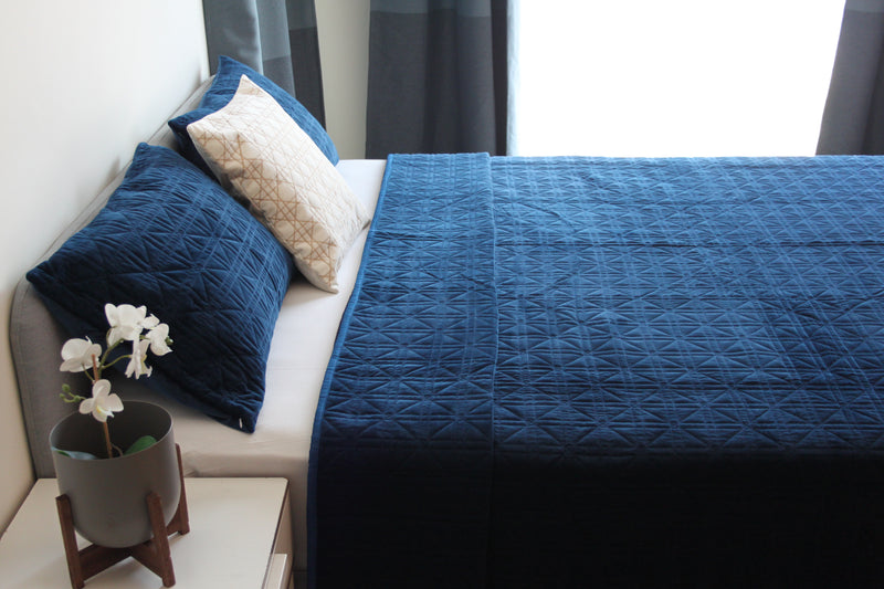 Royal Blue Velvet King Sized Geometric Design Bedcover/Bedspread with 2 Pillow Covers